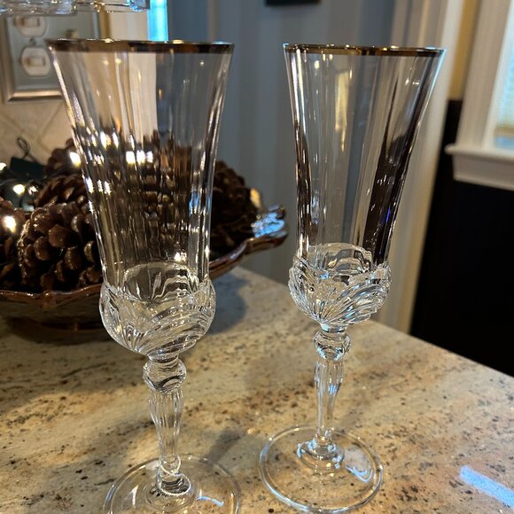 Set of 2 Royal Crystal Rock (RCR) Aurea Platinum Rimmed Champagne Flutes - Picture 4 of 5